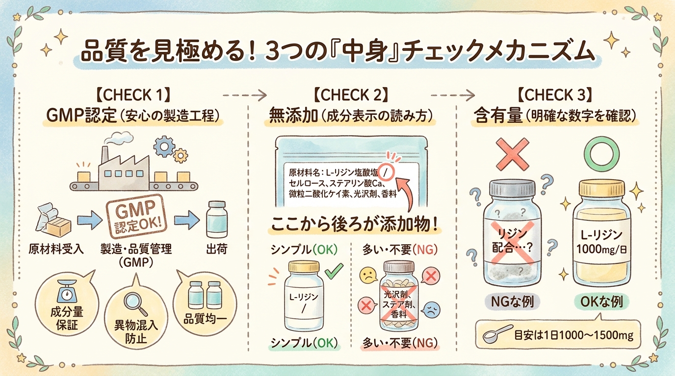 リジンサプリの選び方とは?GMP・無添加・含有量で品質を見分けるポイント