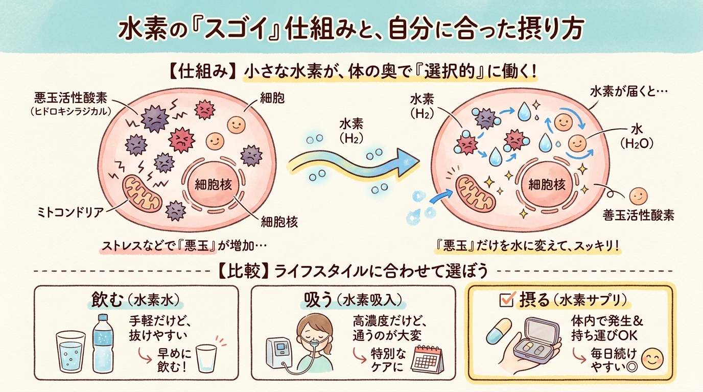 水素（H2）が注目される理由とは？抗酸化物質としての特性と研究動向を解説