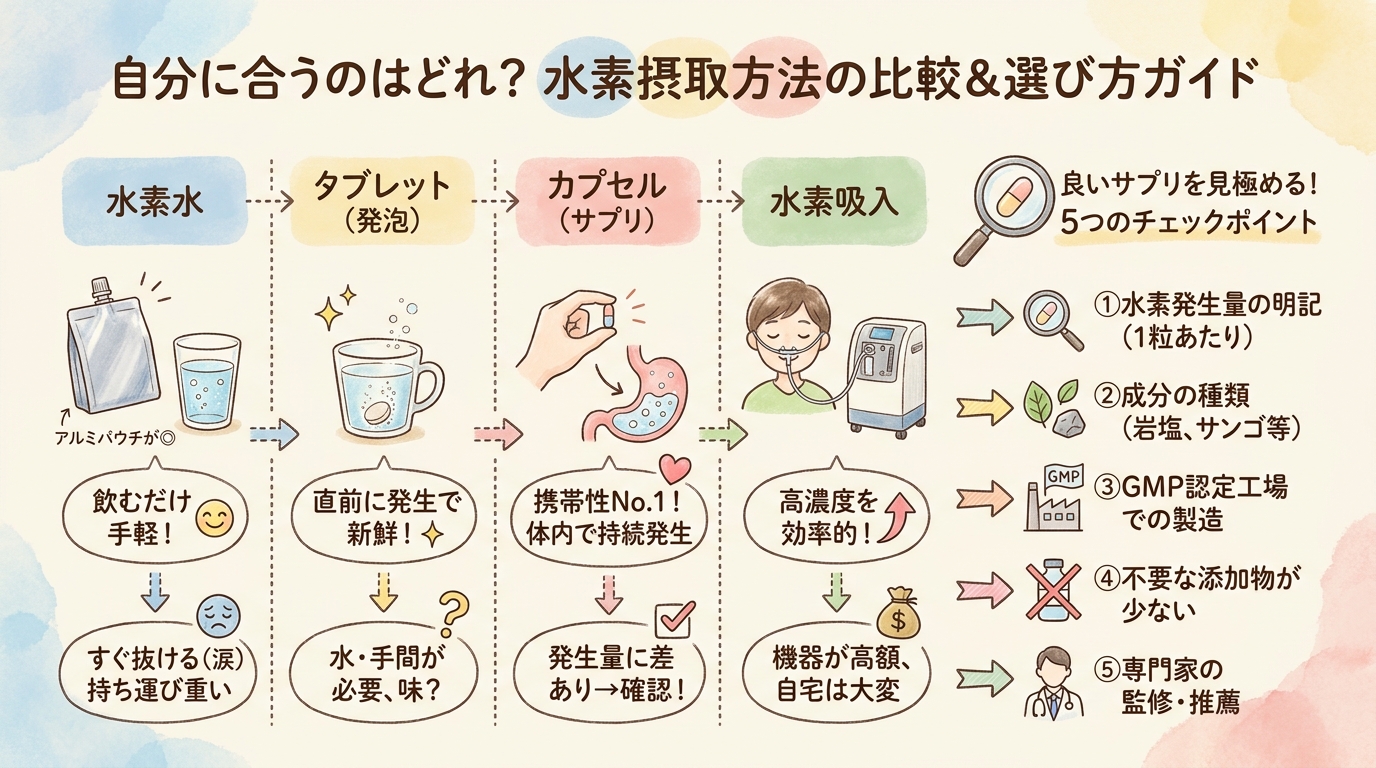 水素サプリの種類と選び方とは？水素水・タブレット・カプセルの違いを解説