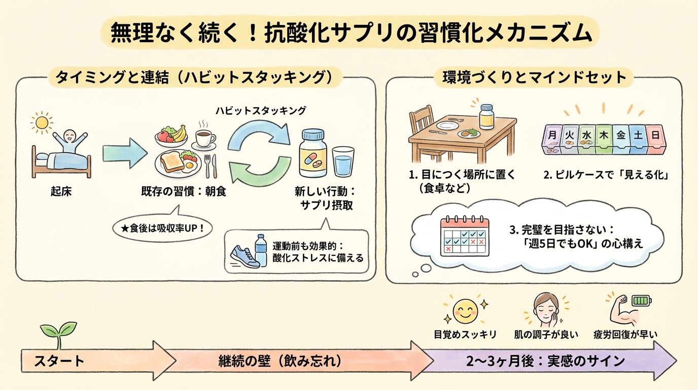 抗酸化サプリを続けるコツとは?飲むタイミングと習慣化のポイントを解説